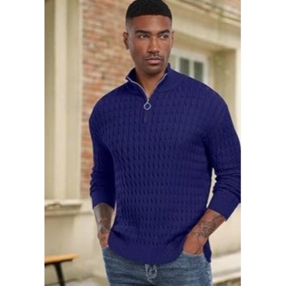 Royal Blue Ribbed Knit Pullover With Quarter Zip & Geometric Texture Design - Picture 2 of 13